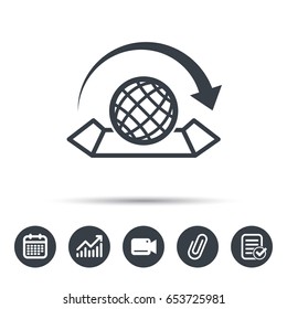 World map icon. Globe with arrow sign. Travel location symbol. Calendar, chart and checklist signs. Video camera and attach clip web icons. Vector