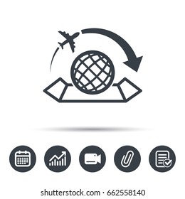 World map icon. Globe with arrow sign. Plane travel symbol. Calendar, chart and checklist signs. Video camera and attach clip web icons. Vector