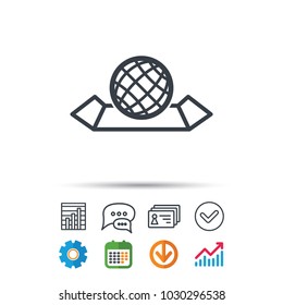 World map icon. Globe sign. Travel location symbol. Statistics chart, chat speech bubble and contacts signs. Check web icon. Vector