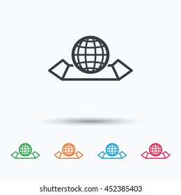 World map icon. Globe sign. Travel location symbol. Colored flat web icon on white background. Vector