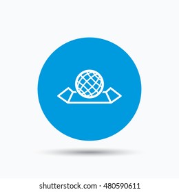 World map icon. Globe sign. Travel location symbol. Blue circle button with flat web icon. Vector