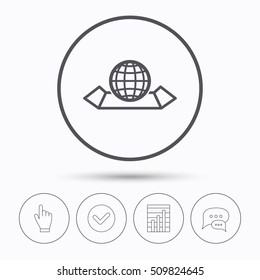 World map icon. Globe sign. Travel location symbol. Chat speech bubbles. Check tick, report chart and hand click. Linear icons. Vector