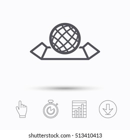 World map icon. Globe sign. Travel location symbol. Stopwatch timer. Hand click, report chart and download arrow. Linear icons. Vector