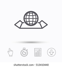 World map icon. Globe sign. Travel location symbol. Stopwatch timer. Hand click, report chart and download arrow. Linear icons. Vector