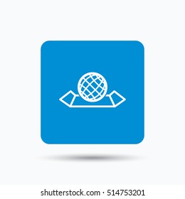 World map icon. Globe sign. Travel location symbol. Blue square button with flat web icon. Vector