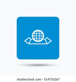 World map icon. Globe sign. Travel location symbol. Blue square button with flat web icon. Vector