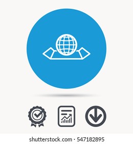 World map icon. Globe sign. Travel location symbol. Achievement check, download and report file signs. Circle button with web icon. Vector
