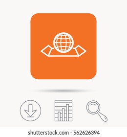 World map icon. Globe sign. Travel location symbol. Report chart, download and magnifier search signs. Orange square button with web icon. Vector
