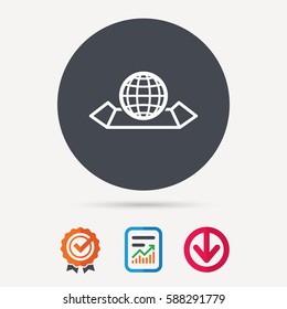 World map icon. Globe sign. Travel location symbol. Report document, award medal with tick and new tag signs. Colored flat web icons. Vector