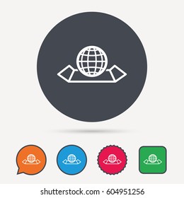 World map icon. Globe sign. Travel location symbol. Circle, speech bubble and star buttons. Flat web icons. Vector