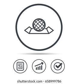 World map icon. Globe sign. Travel location symbol. Report document, Graph chart and Check signs. Circle web buttons. Vector