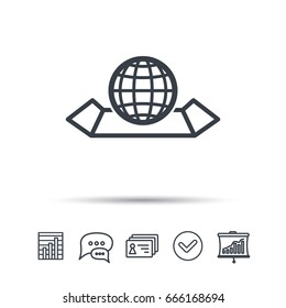 World map icon. Globe sign. Travel location symbol. Chat speech bubble, chart and presentation signs. Contacts and tick web icons. Vector