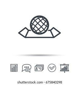World map icon. Globe sign. Travel location symbol. Chat speech bubble, chart and presentation signs. Contacts and tick web icons. Vector