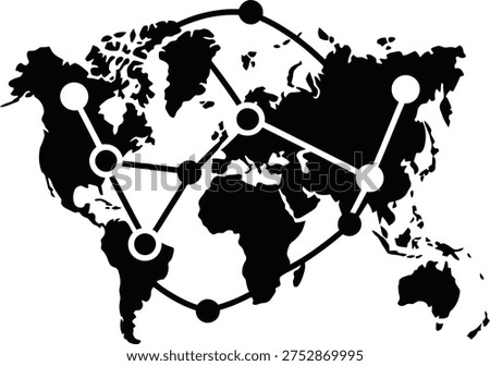 World map icon with interconnected nodes representing global network, technology, and communication