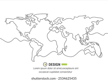World map icon line continuous drawing vector. One line World map icon vector background. World map icon. Continuous outline of a World map.