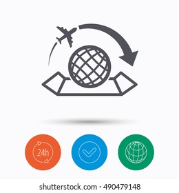 World map icon. Plane travel sign.