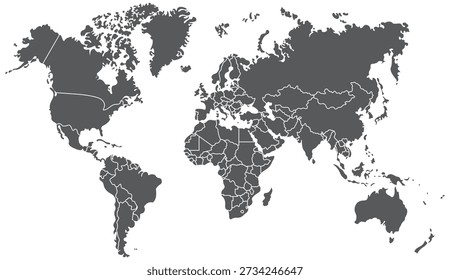 World map icon showing detailed continents and country borders, suitable for geography, navigation, global location and international reference use.