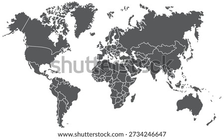 World map icon showing detailed continents and country borders, suitable for geography, navigation, global location and international reference use.