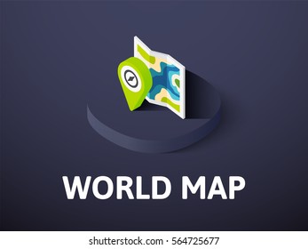 World map icon, vector symbol in flat isometric style isolated on color background