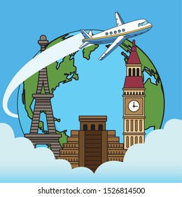 world map with iconic monuments and airplane flying over blue background, colorful design. vector illustration