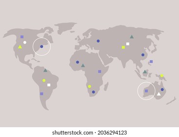 World map with icons on it, statistics visualization, geographical infographics