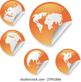 World map icons on round sticker shapes