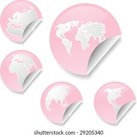 World map icons on round sticker shapes