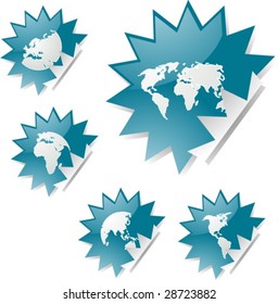 Iconos de mapas del mundo en las formas de pegatinas puntiagudas