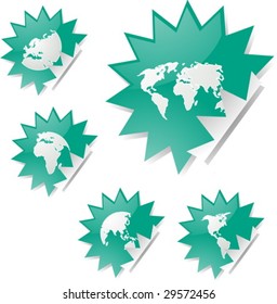 World map icons on spiky sticker shapes