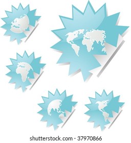 World map icons on spiky sticker shapes