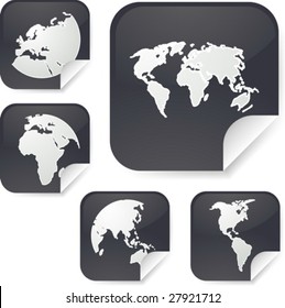 World map icons on square sticker shapes