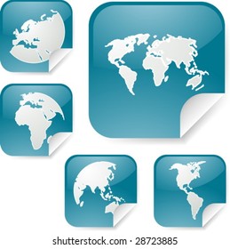 World map icons on square sticker shapes