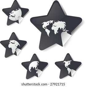 World map icons on star sticker shapes