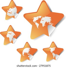 World map icons on star sticker shapes