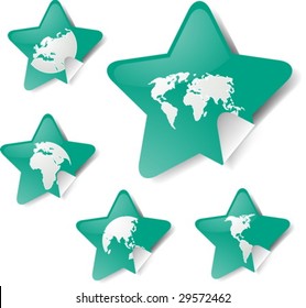 World map icons on star sticker shapes