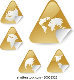 World map icons on triangle sticker shapes