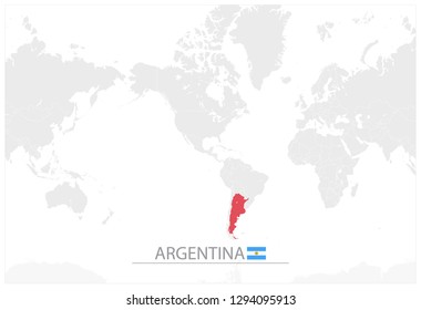World Map with identification of Argentina. Map of Argentina. America Centered World Map in a grayscale color.