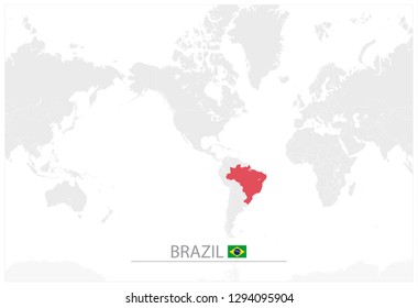 World Map with identification of Brazil. Map of Brazil. America Centered World Map in a grayscale color.