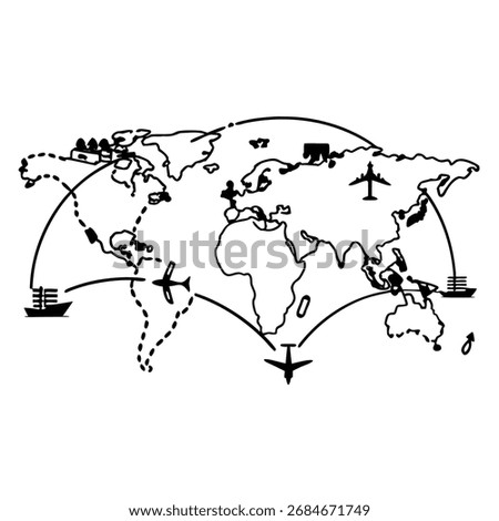 World map illustrating global transportation routes with ships and airplanes connecting continents