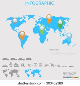 World Map Illustration with Colored pins and transport
