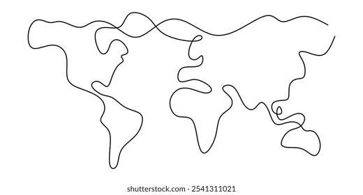 Ilustração do Mapa Mundial. Desenho contínuo de uma linha representando a geografia em estilo minimalista desenhado à mão.