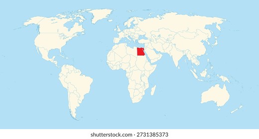 Ilustração do mapa do mundo com território do Egito destacado em vermelho em creme e fundo azul isolado