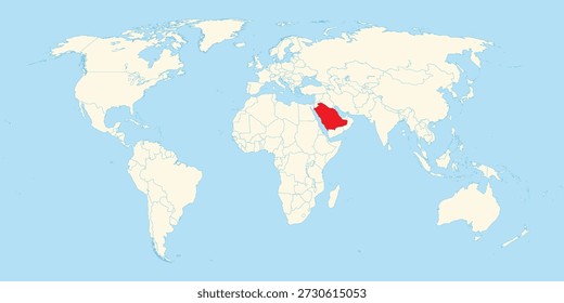 Ilustración del mapa del mundo que destaca a Arabia Saudita en rojo en la península arábiga con fondo azul limpio