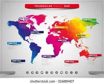 World map illustration and infographics, triangular vector design template