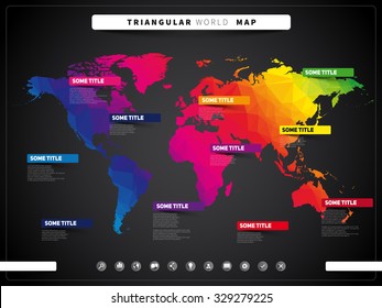 World map illustration and infographics, triangular vector design template, dark style