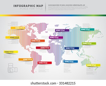 World map illustration and infographics, vertical lines atlas, vector design template