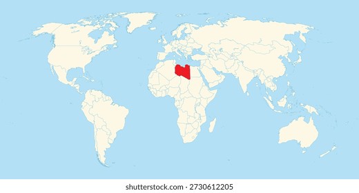 Ilustração do mapa mundial com território da Líbia destacado em vermelho em creme e fundo azul isolado