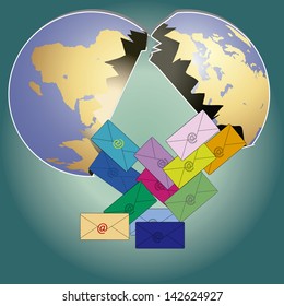 world map illustration of mail envelope opened with different colors coming