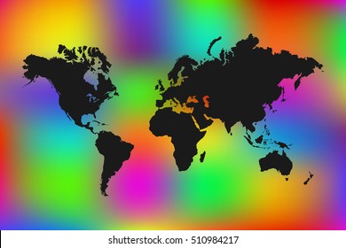 World map illustration on a colorful rainbow background