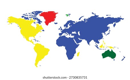 Una ilustración de un mapa del mundo sobre un fondo blanco, con continentes de colores amarillo, azul, verde y rojo, que indica diferentes regiones o divisiones.